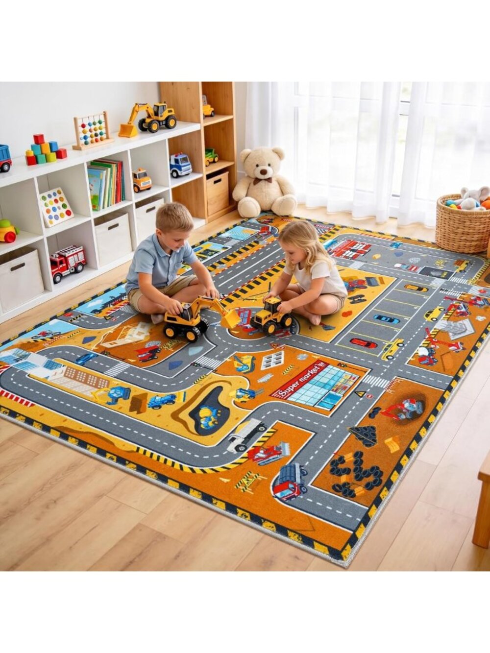 Non-Slip Kids Play Rug 4x5 Ft, Colorful Car Design Play Mat for Fun Playtime